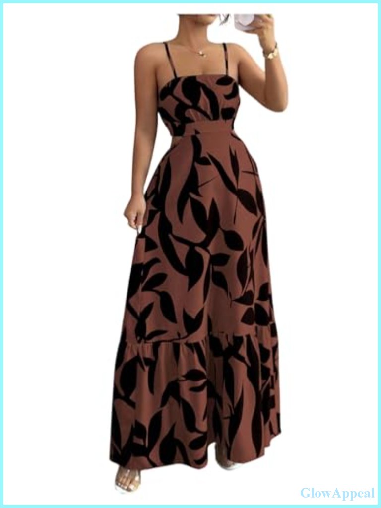 Cut Out Floral Print Maxi Cami Dress Ruffle Flowy Summer Vacation Spaghetti